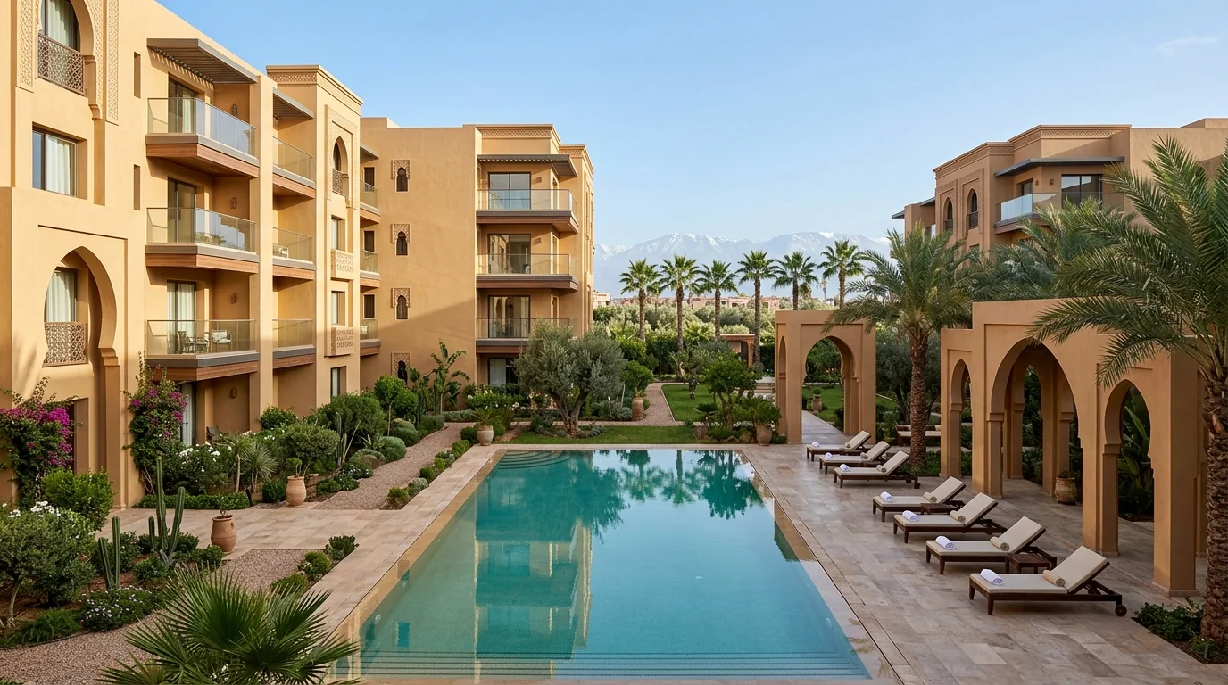 Résidence de standing avec piscine et jardins paysagers à Marrakech pour achat d'appartement