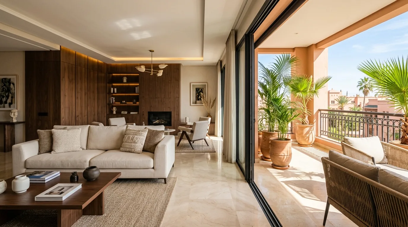 Salon moderne décoré et prêt à accueillir un locataire à Marrakech
