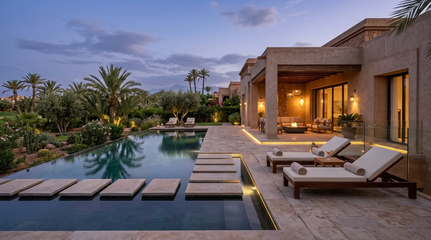 Vérification du bassin et du mobilier extérieur d'une villa à Marrakech