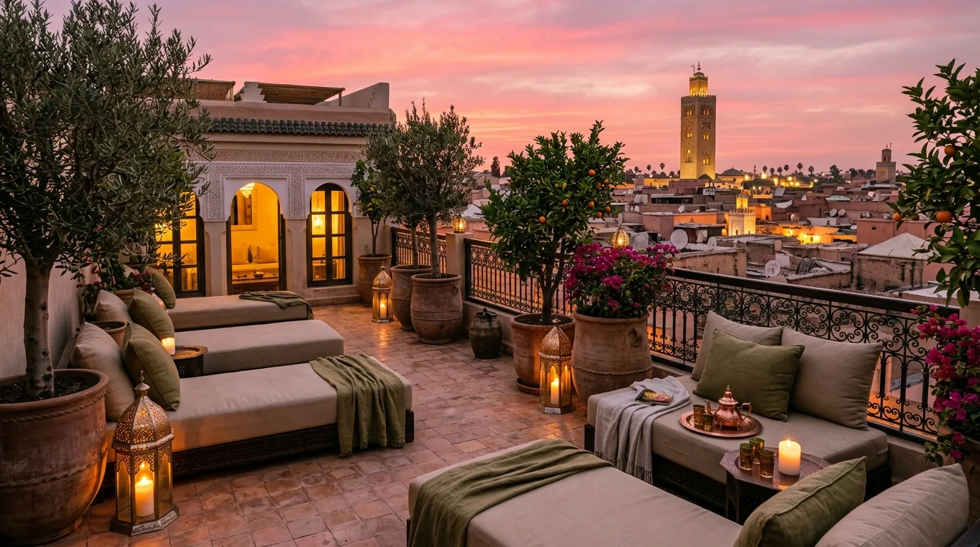 Terrasse panoramique sur le toit d'un riad à Marrakech avec vue sur les toits de la médina