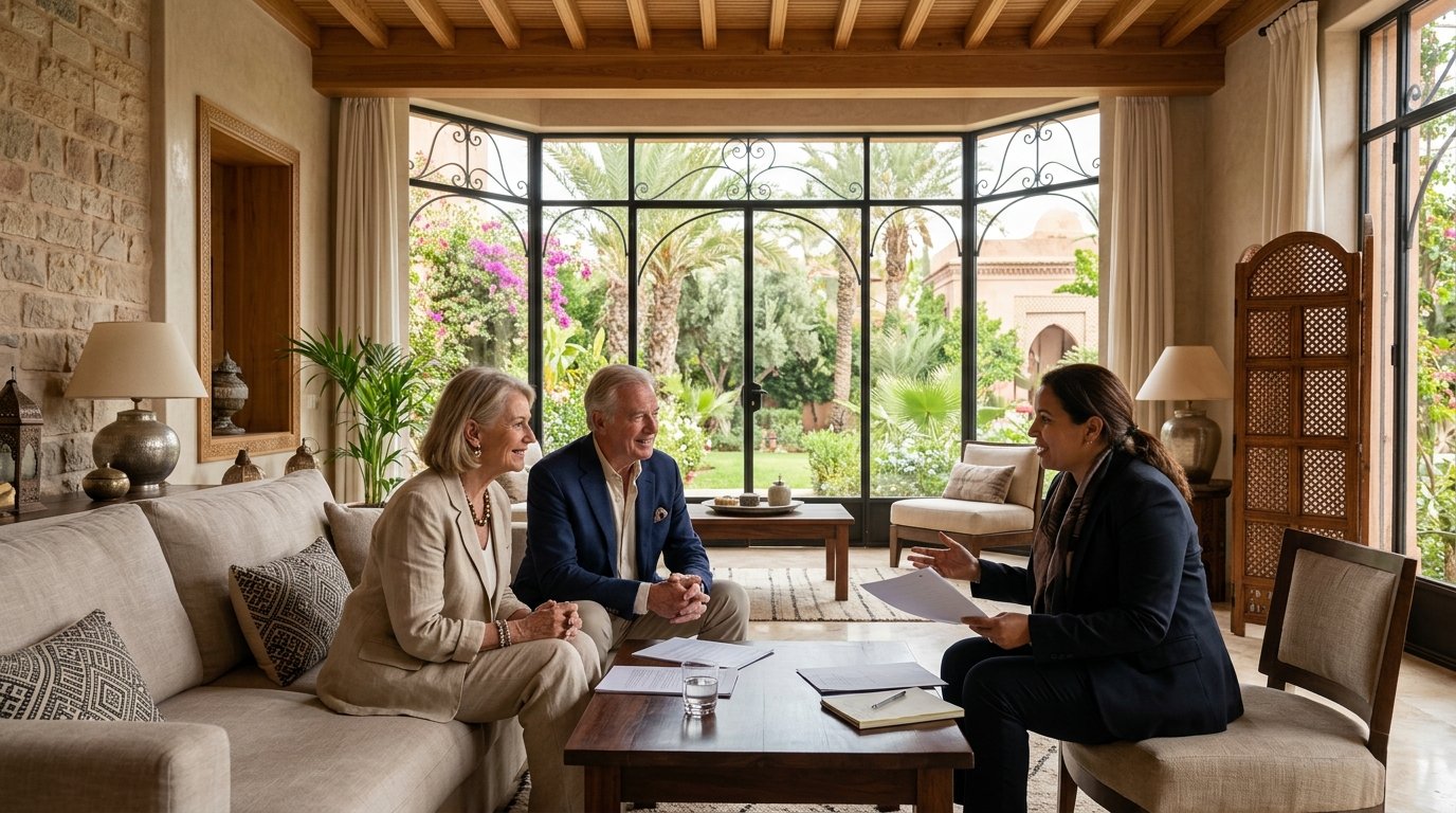Famille européenne en consultation patrimoniale avec leur conseiller juridique dans une villa à Marrakech