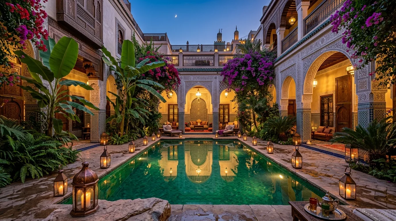 Riad traditionnel d'exception rénové dans la médina de Marrakech avec patio arboré et bassin
