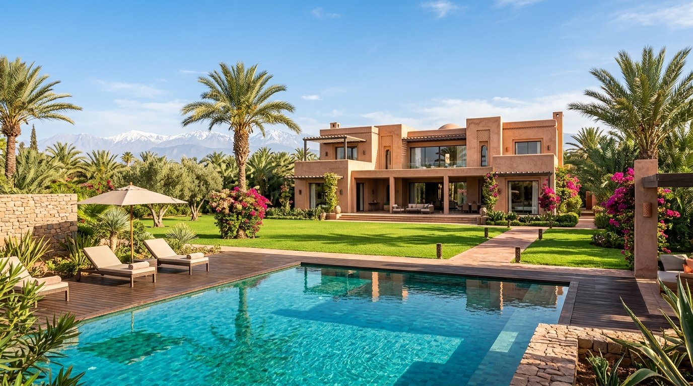 Propriété contemporaine de grand standing avec piscine turquoise et jardin verdoyant face à l'Atlas