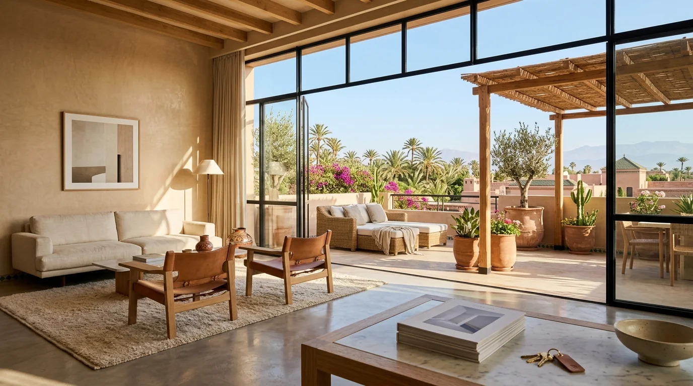 Visite d'un appartement contemporain à Marrakech avec terrasse ensoleillée et vérification des critères essentiels
